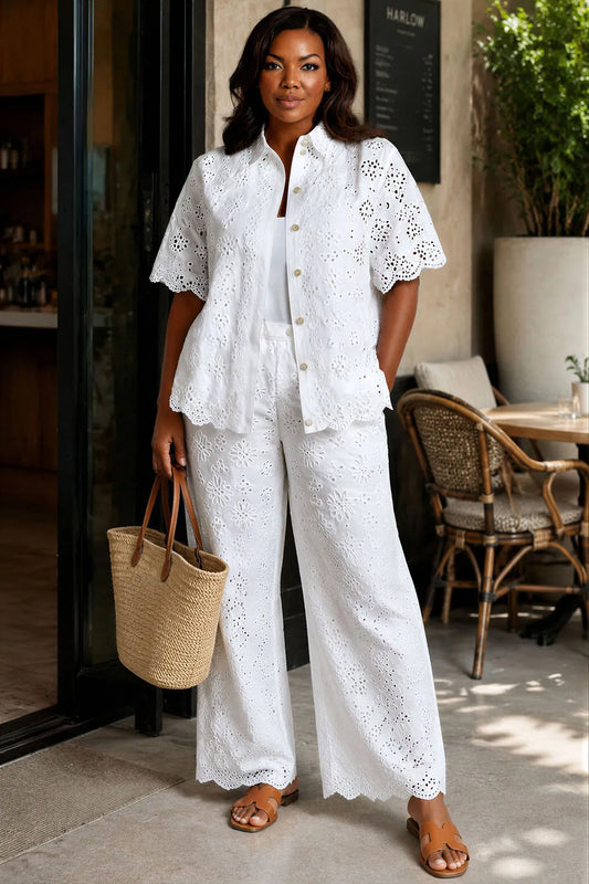 Vacation Casual White Shirt Collar Short Sleeve Pocket Two Piece Pant Sets [Pre-Order]