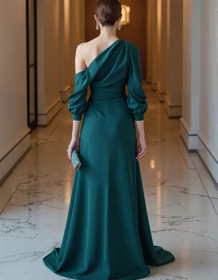 One-shoulder Draped Satin Evening Maxi Dress