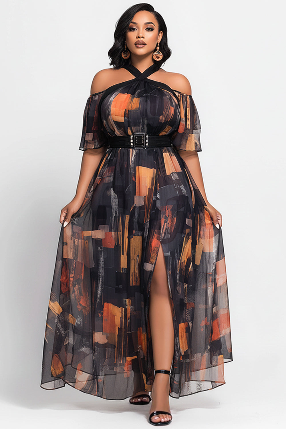 Vacation Black Graphic Halter Collar Cold Shoulder Short Sleeve Split Cut Out Maxi Dresses