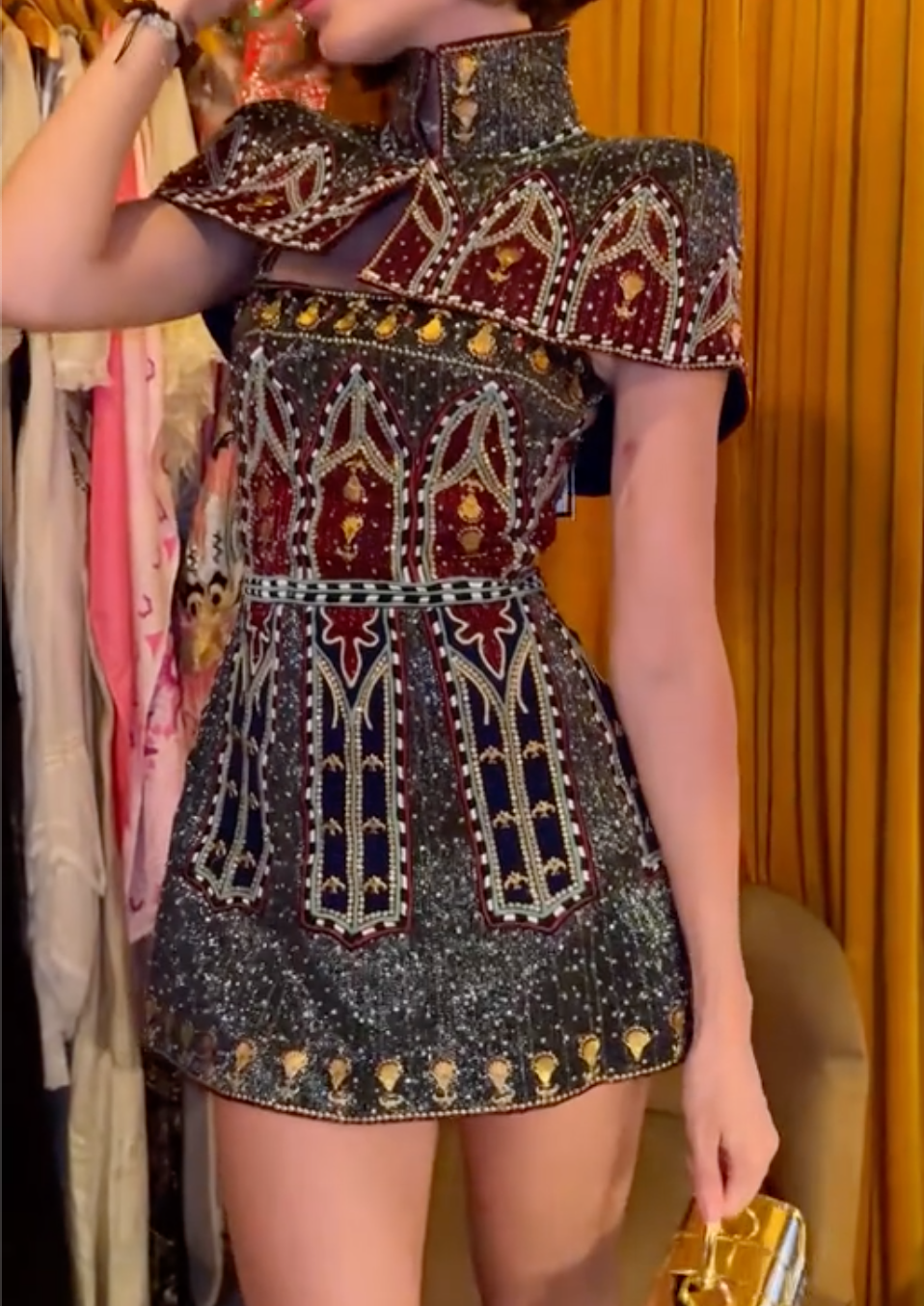 Glamorous Multicolor Beaded Mini Dress with Mandarin Collar & Capelet Detail