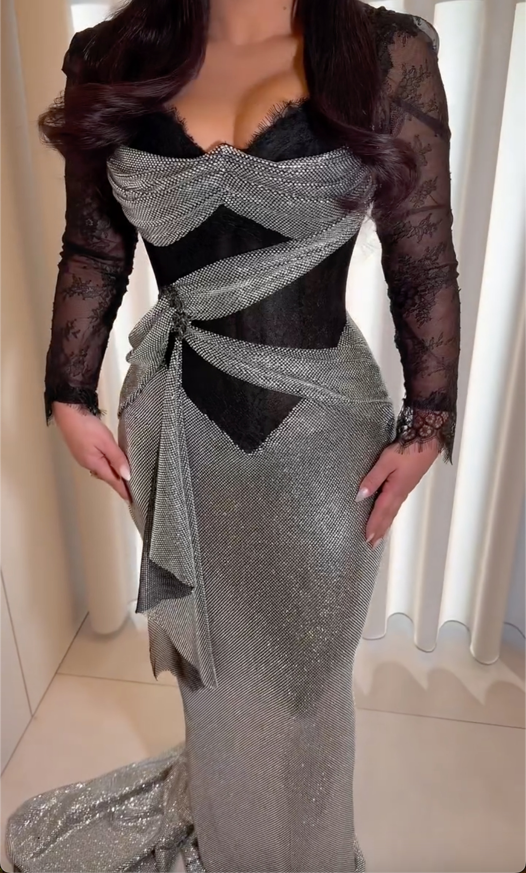 Silver Sequin & Black Lace Sheer Maxi Dress with Criss-Cross Waist & Train