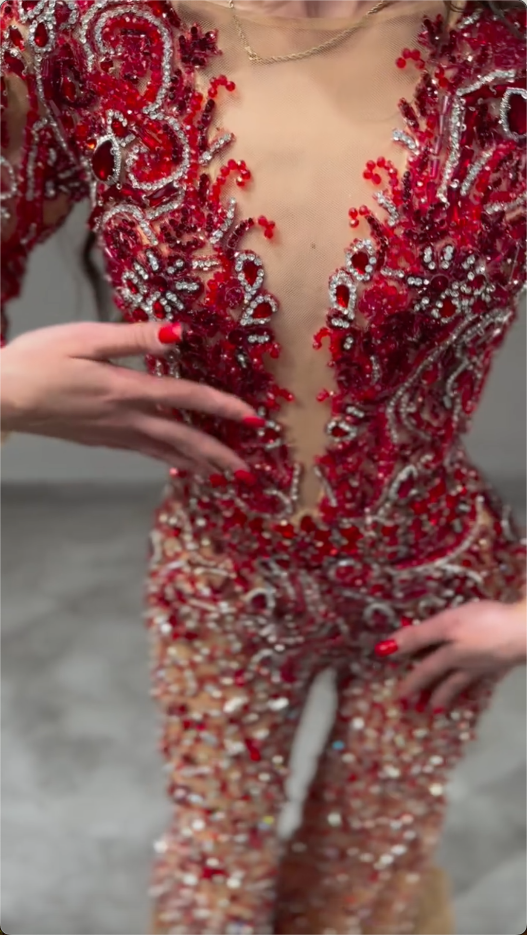 Burgundy Beaded Sheer Jumpsuit with Deep Plunge & Crystal Embellishments