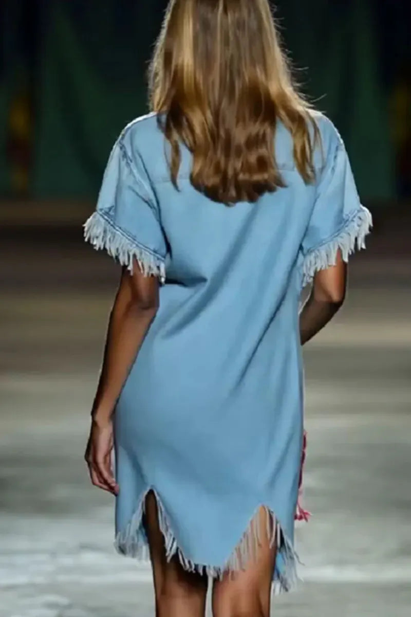 Ladies' Hot Selling Casual Shirt Tassel Short Denim Dress