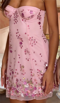 3-Color Strapless Floral-Embellished Mesh Mini Dresses - Pink / White / Light Blue Formal Party Gowns
