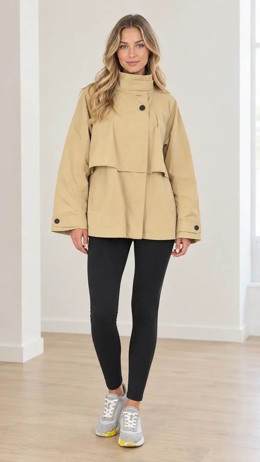Women's High Neck Layered Flap Short Trench Coat Loose Windbreaker Jacket