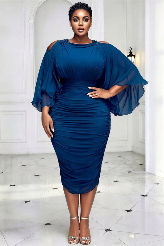 Churchs Elegant Blue Round Neck Cold Shoulder 3/4 Sleeve Fold Bodycon Midi Dresses [Pre-Order]