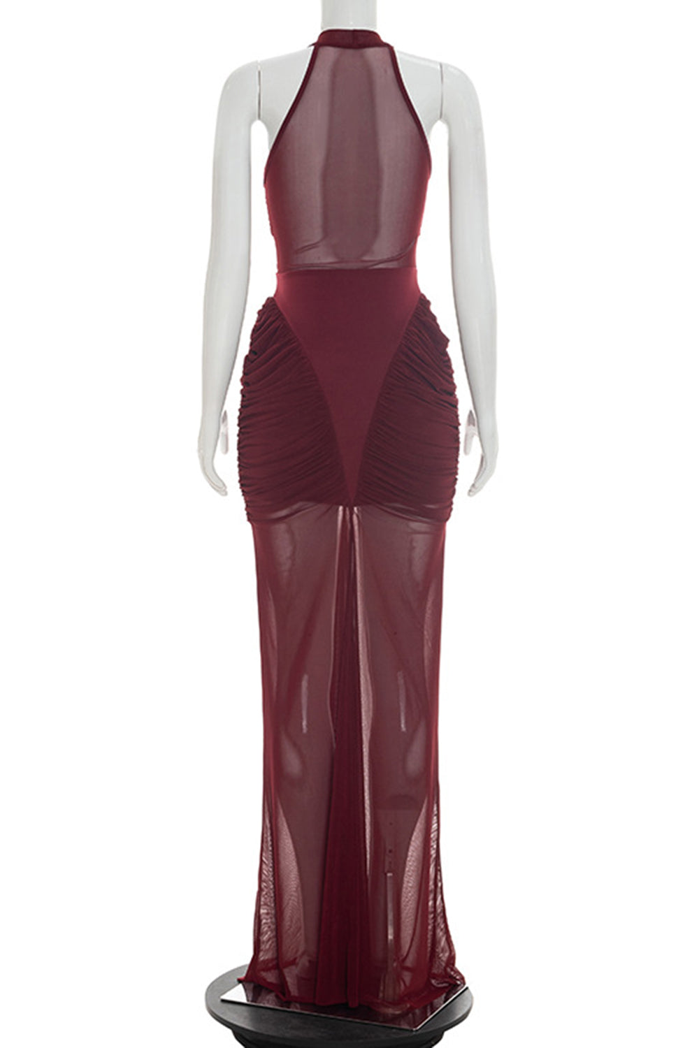 See Through Mesh Sleeveless Side Ruched Solid Color Maxi Dresses-Burgundy