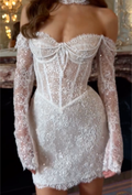 White Off-the-Shoulder Lace Corset Mini Dress with Pearl Embellishments