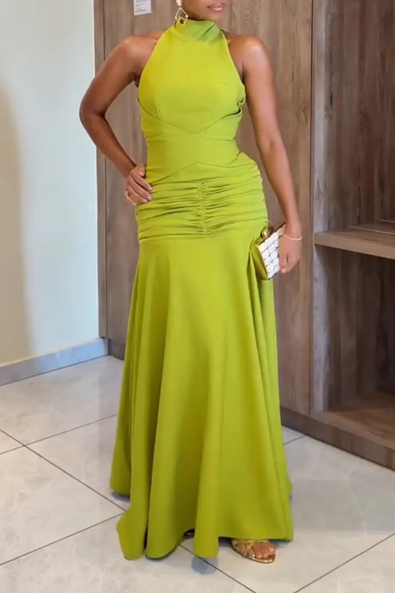 Women's Round Neck Sleeveless Waist Cinched Solid Color Elegant Temperament Dress
