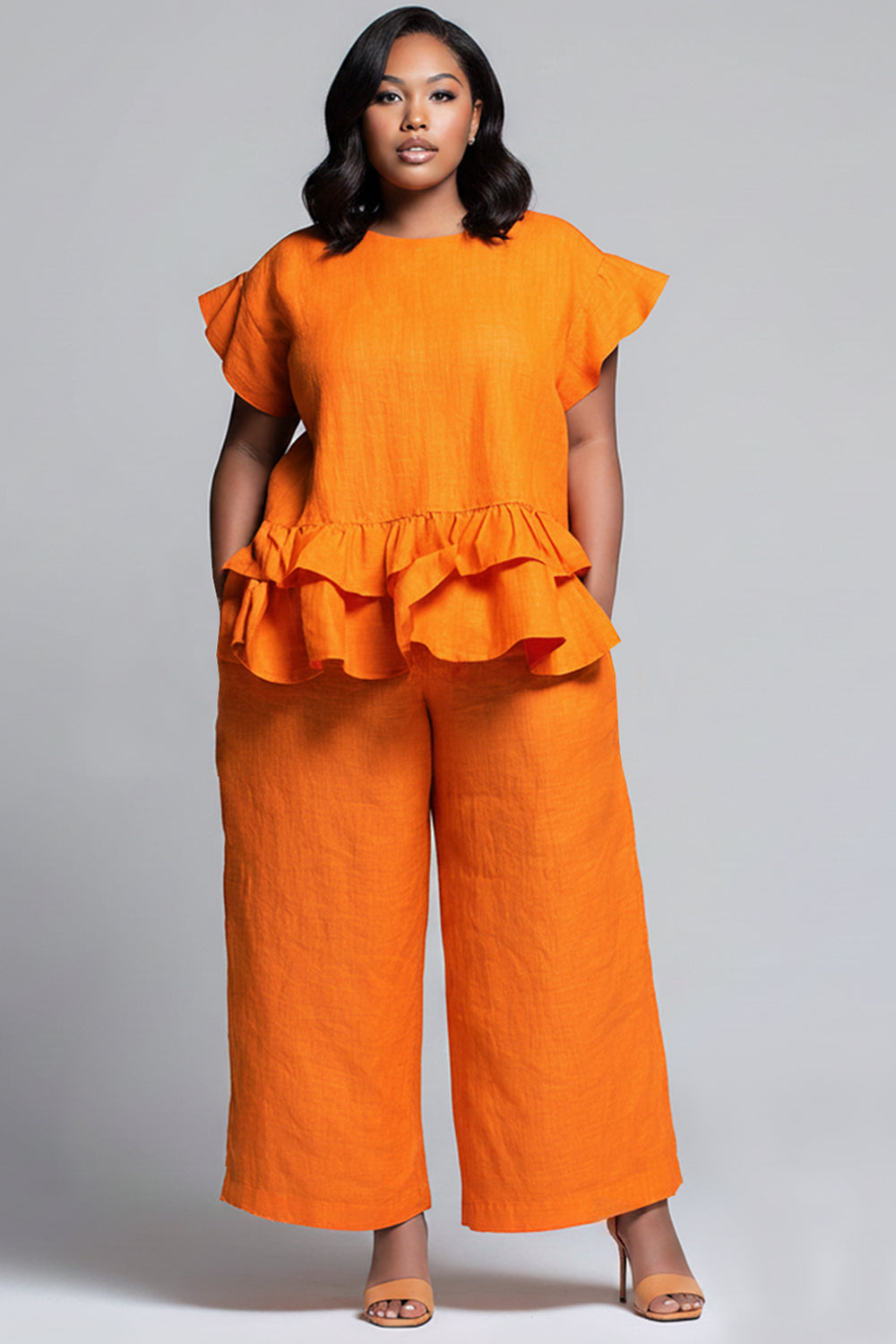 Vacation Casual Orange Round Neck Flutter Sleeve Ruffle Pocket Linen Two Piece Pant Sets