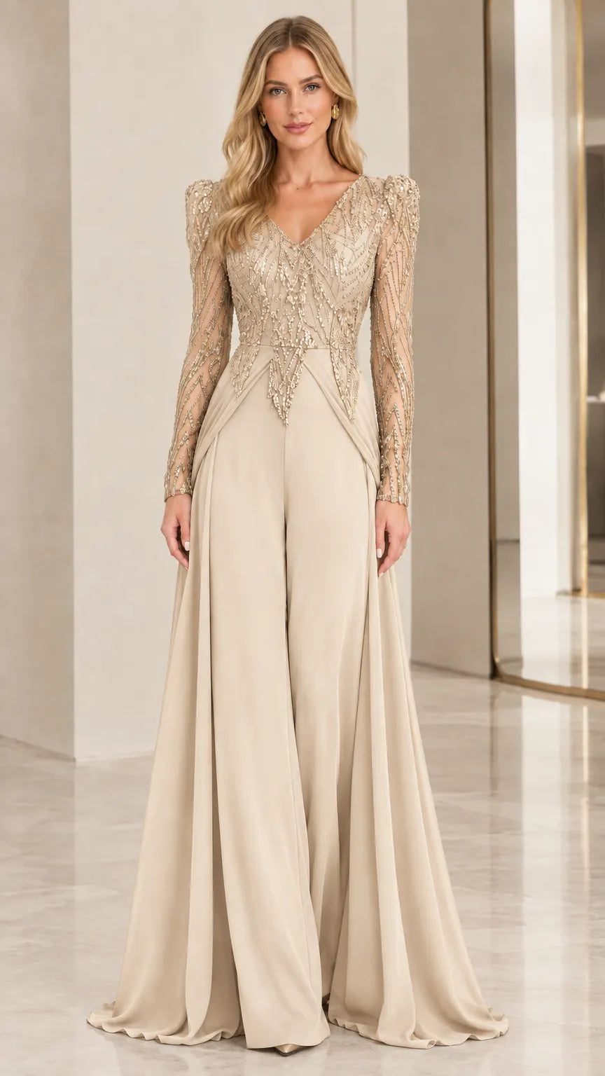 Sequin Beaded Long Sleeve V-Neck Wide-Leg Formal Evening Jumpsuit