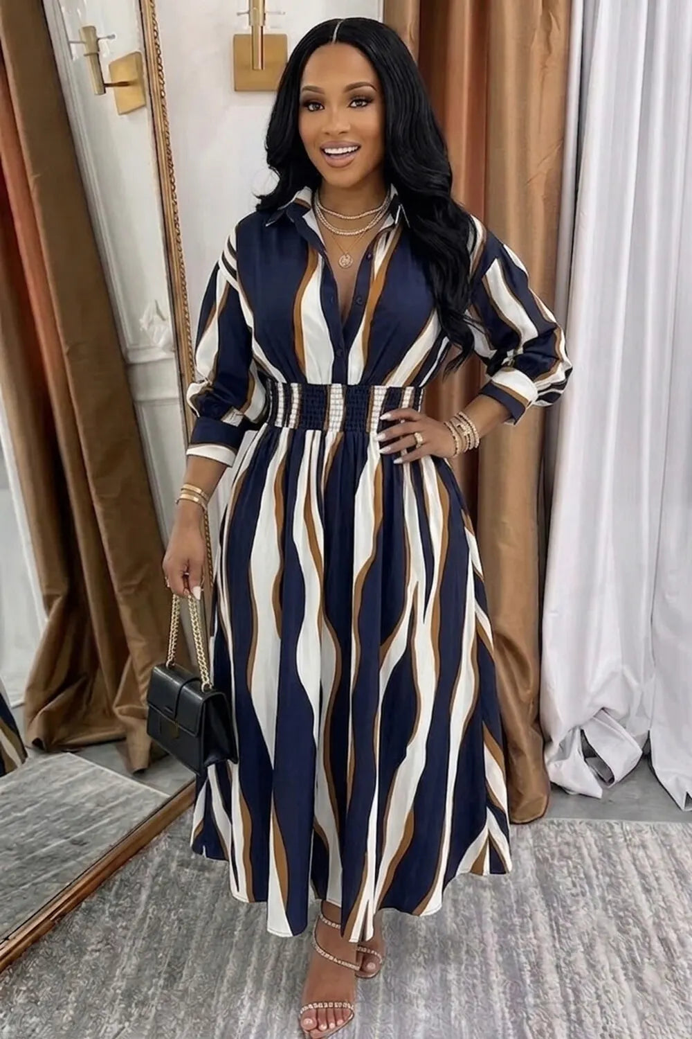 Stripe Shirt Collar Lantern Sleeve Casual Maxi Dresses-Multicolor [Pre Order]