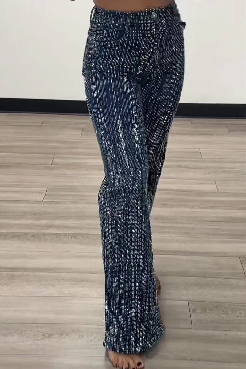 Women's Irregular Striped Crystal Stretch Jeans