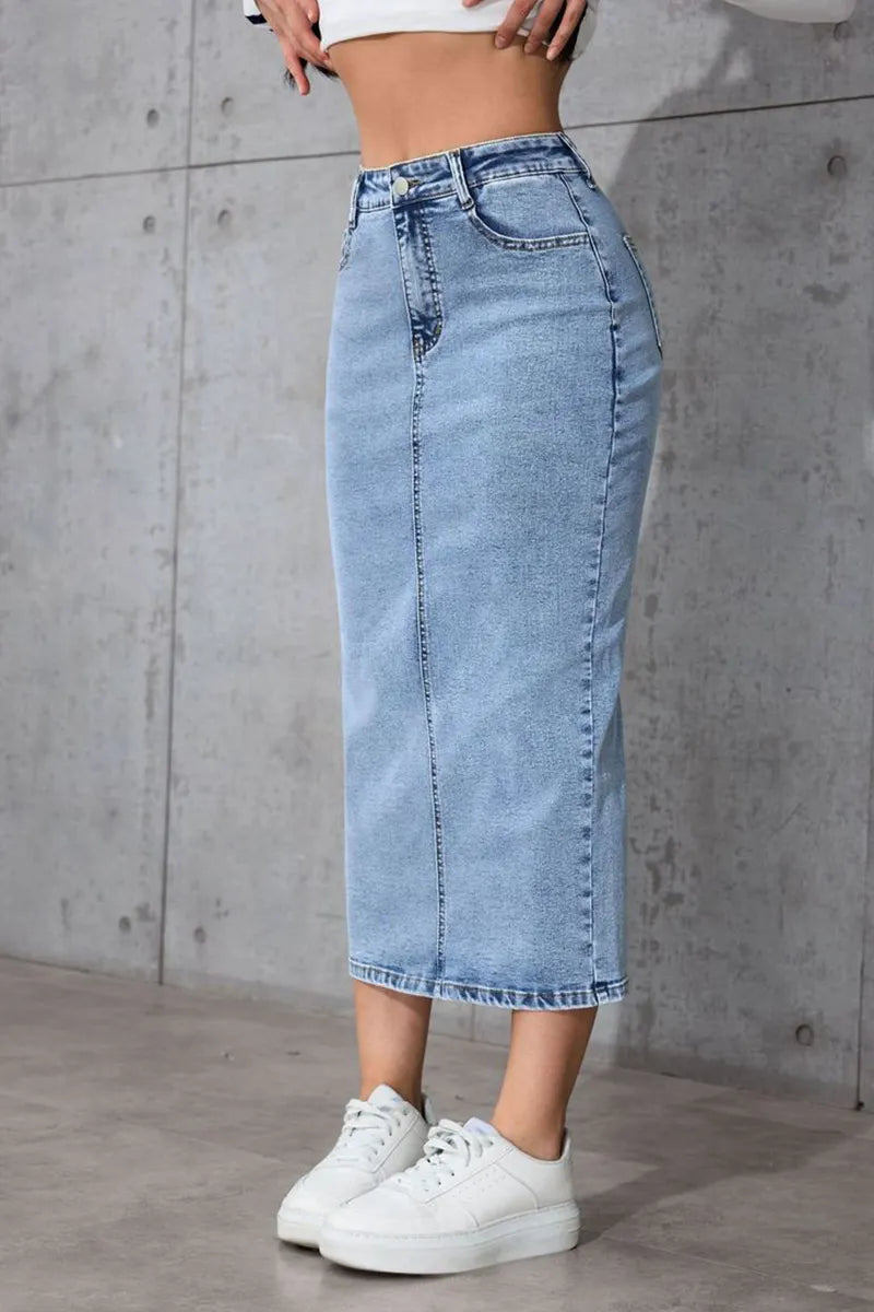 Ladies High-Waist Slimming Mid-Length Denim Skirt