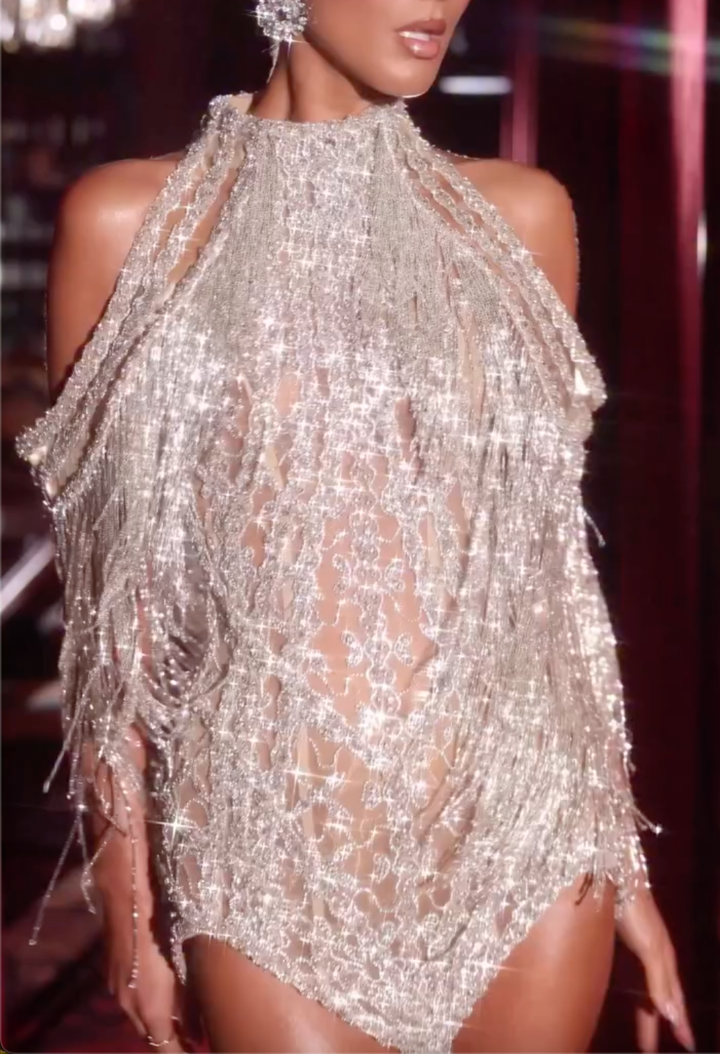 Silver Beaded Halter Mini Dress with Fringe Trim & Sheer Mesh