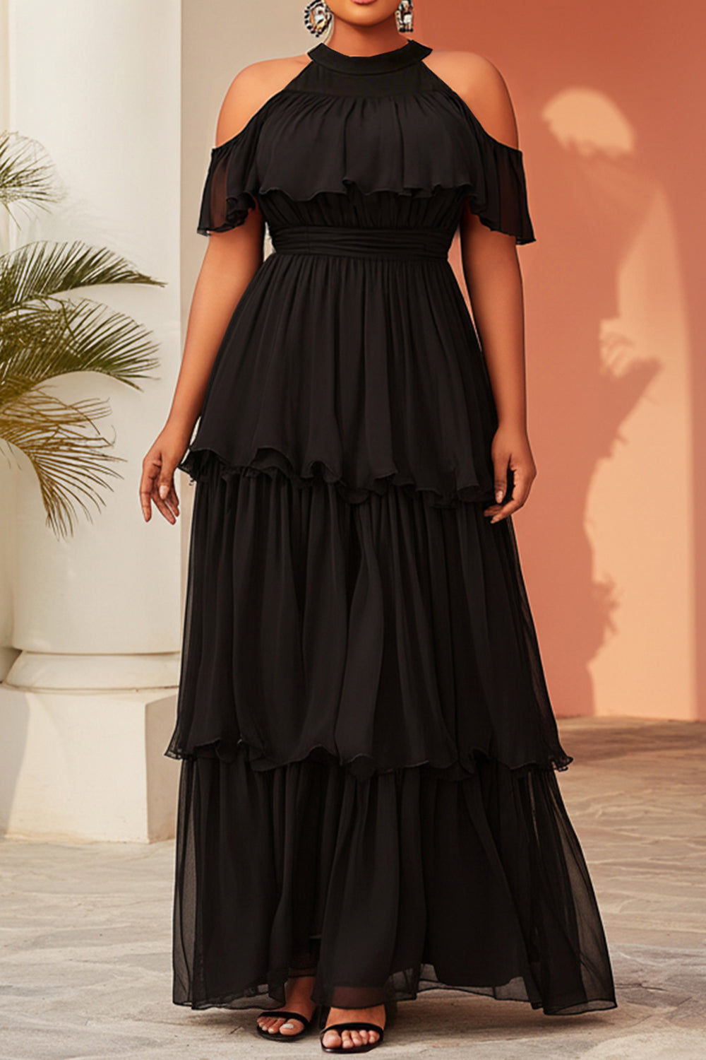 Cocktail Party Black Halter Collar Cold Shoulder Short Sleeve Ruffle Tiered Chiffon Maxi Dresses