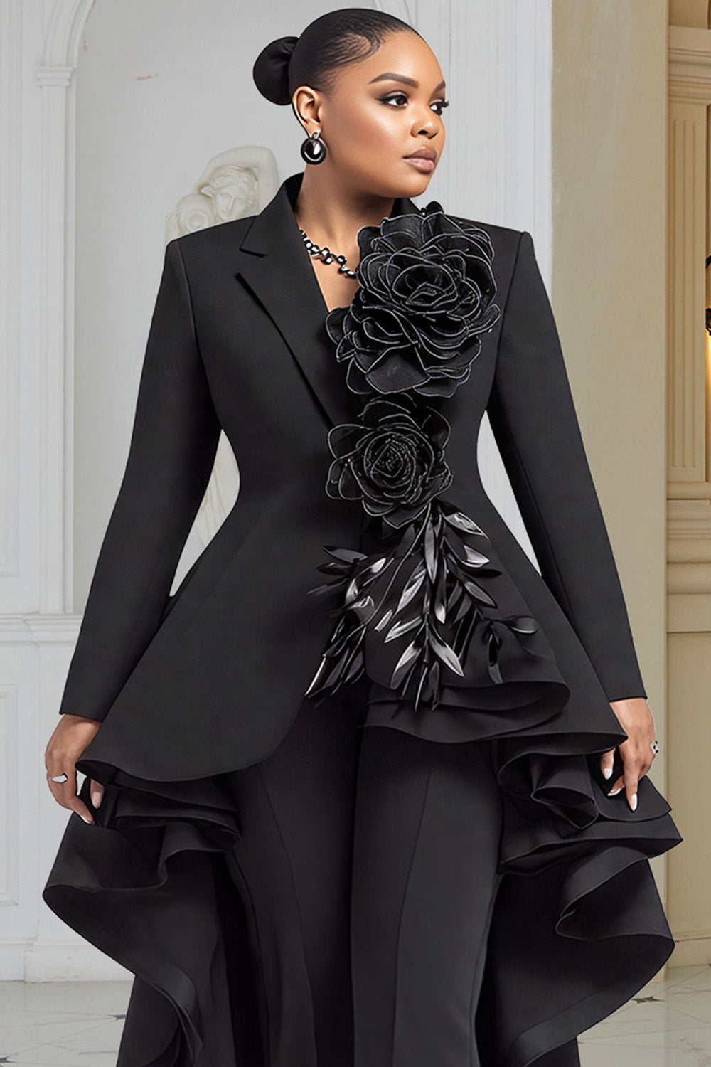 Wedding Guest Black Lapel Collar Long Sleeve Asymmetric Hem Elegant 3D Two Piece Pant Suits