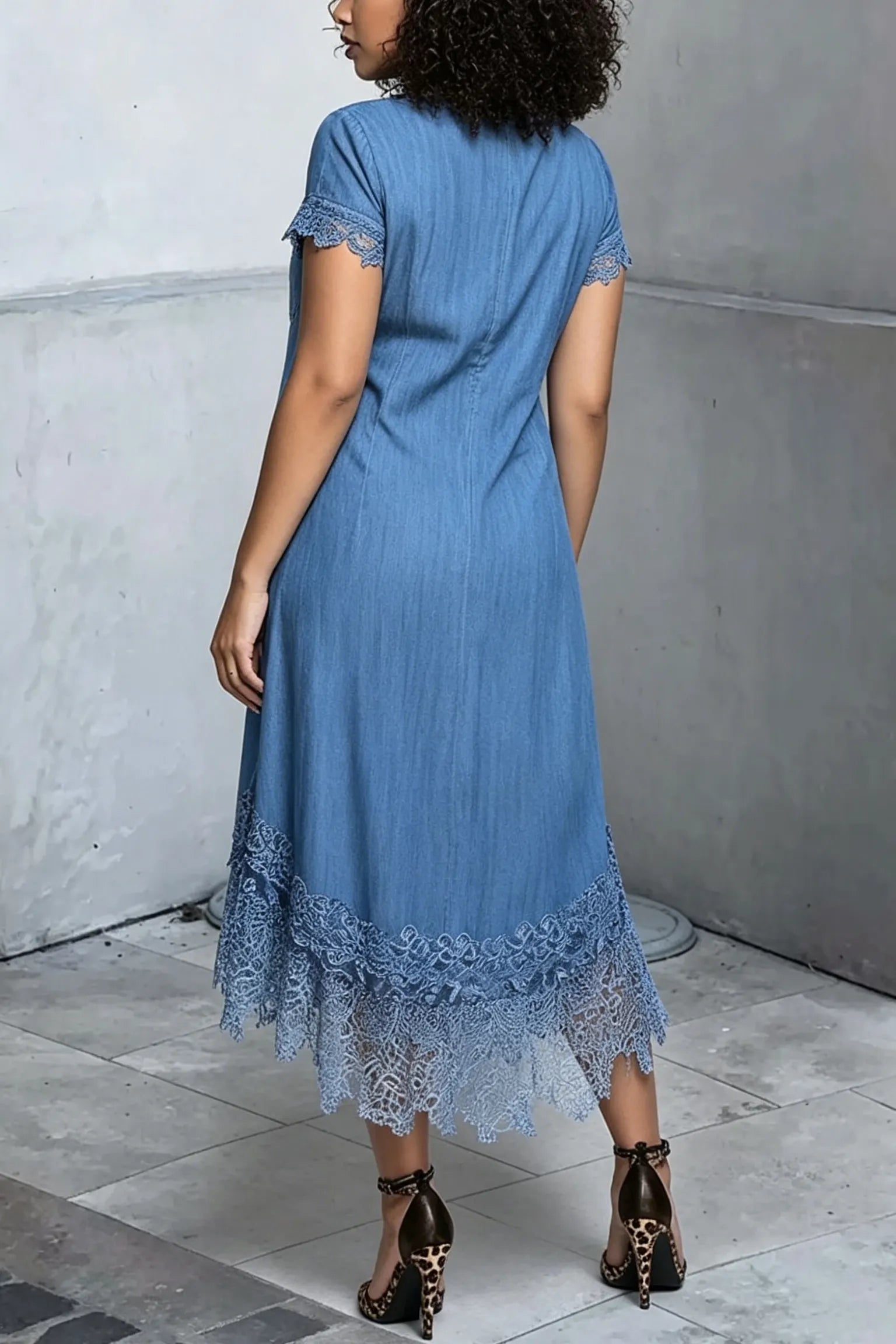 Women's Elegant V-Neck Lace Panel Denim Dress