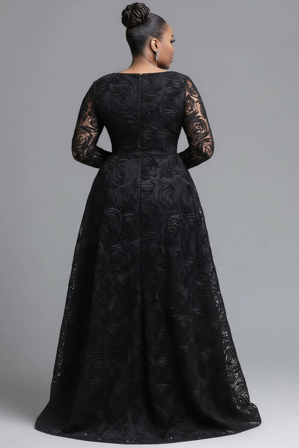 Black V Neck Long Sleeve 3D Elegant Split Tulle Maxi Dresses