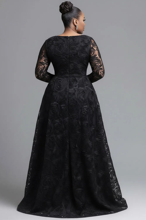 Black V Neck Long Sleeve 3D Elegant Split Tulle Maxi Dresses