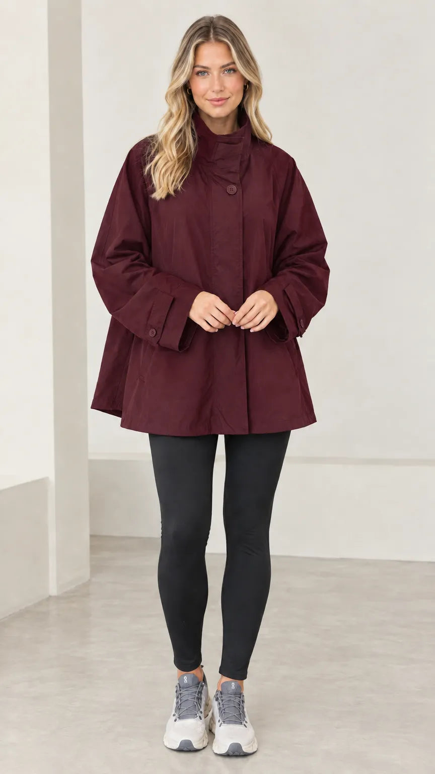 Women's Stand Collar A-Line Swing Trench Jacket with Back Flap