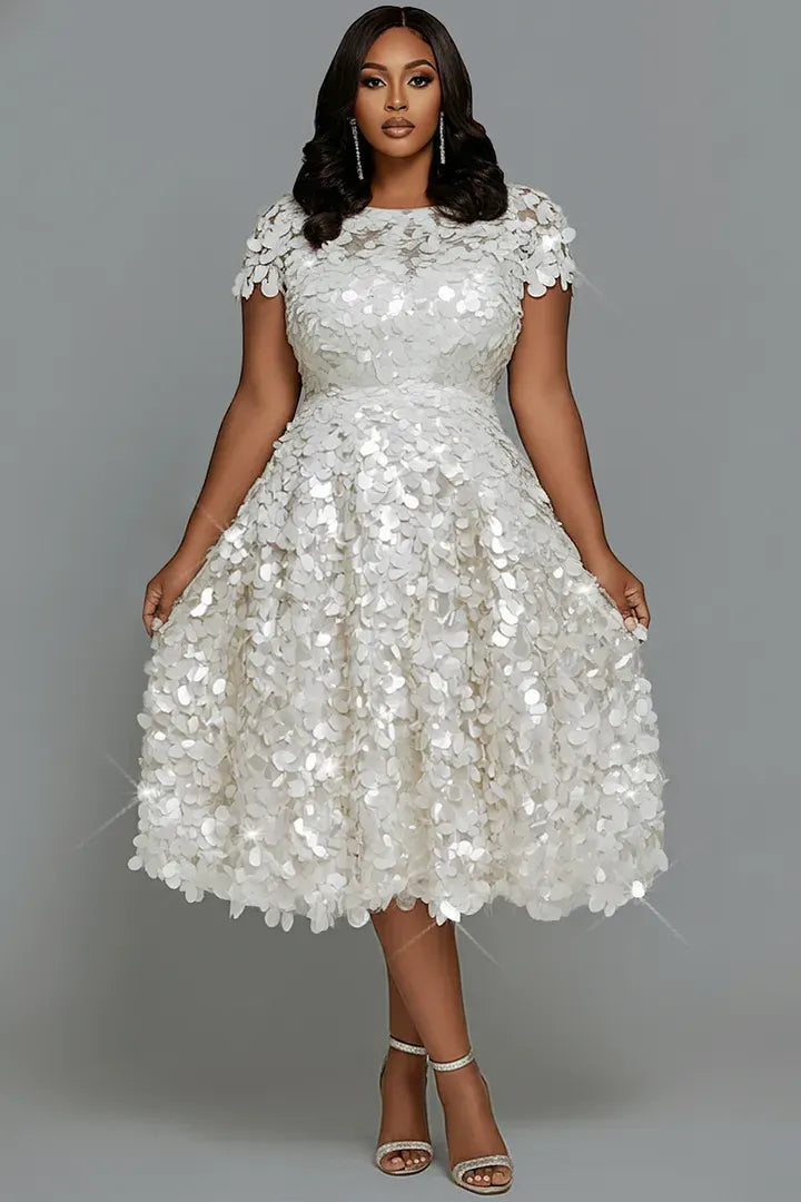 Cocktail Party White Round Neck Cap Sleeve Short Sleeve Sequin Midi Dresses