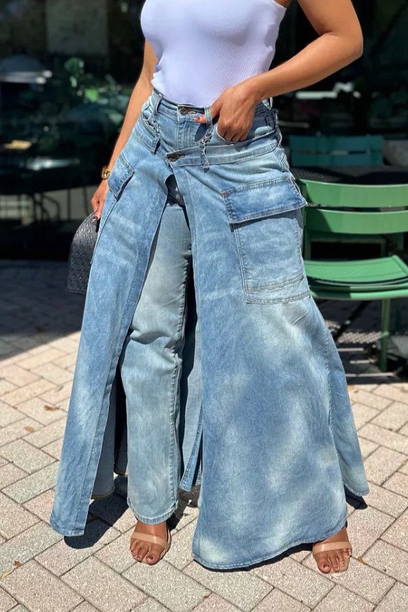 Women's Fashion Double-Layer Jeans Washed Denim Long Skort