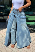 Women's Fashion Double-Layer Jeans Washed Denim Long Skort