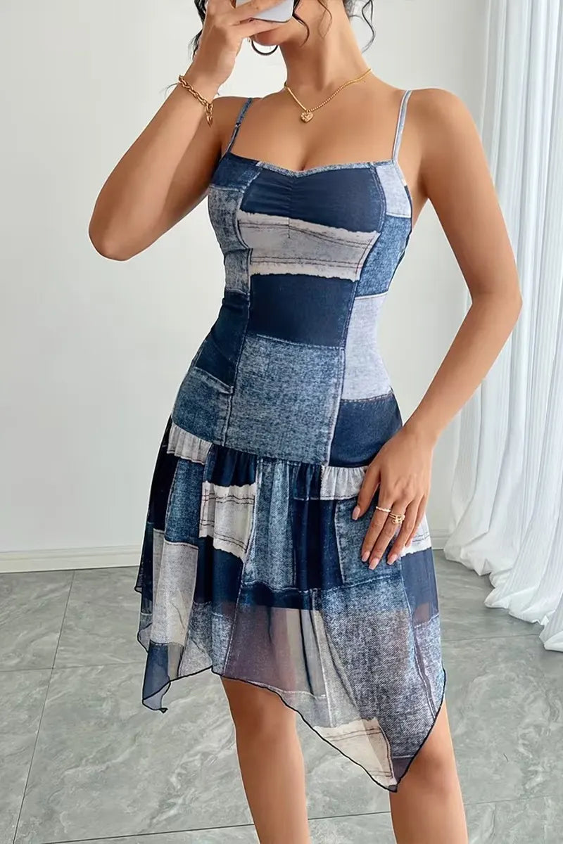 Women's Suspender Waist Cinching Patch Casual Denim Midi Dresses