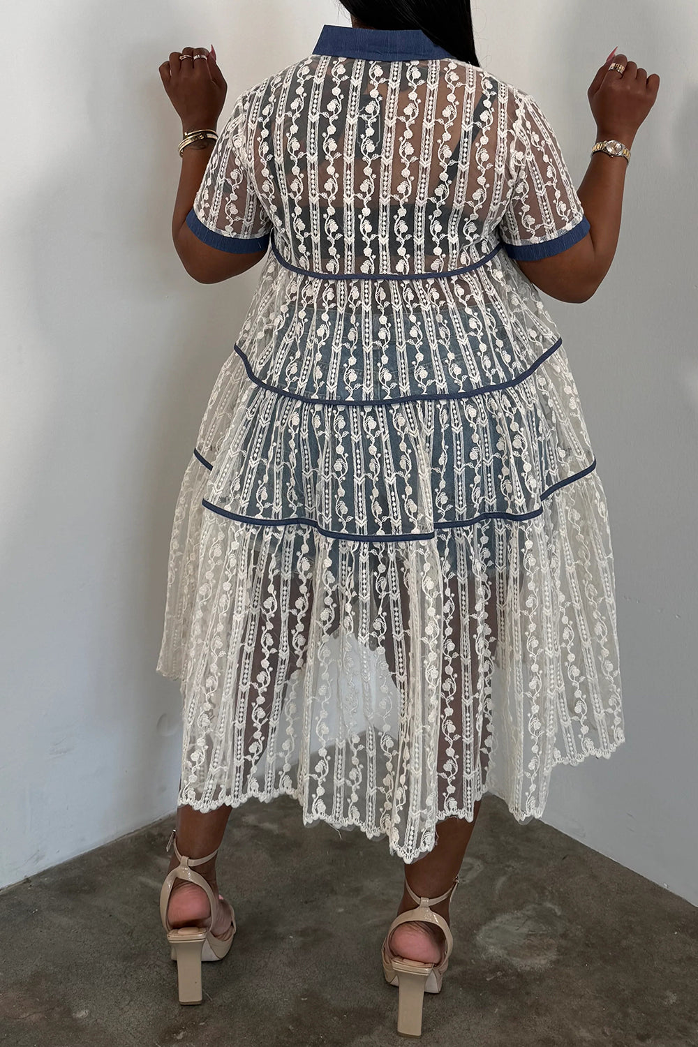 Plus Size Party Casual Lace White Shirt Collar Short Sleeve Contrast Button Tencel Denim Midi Dresses