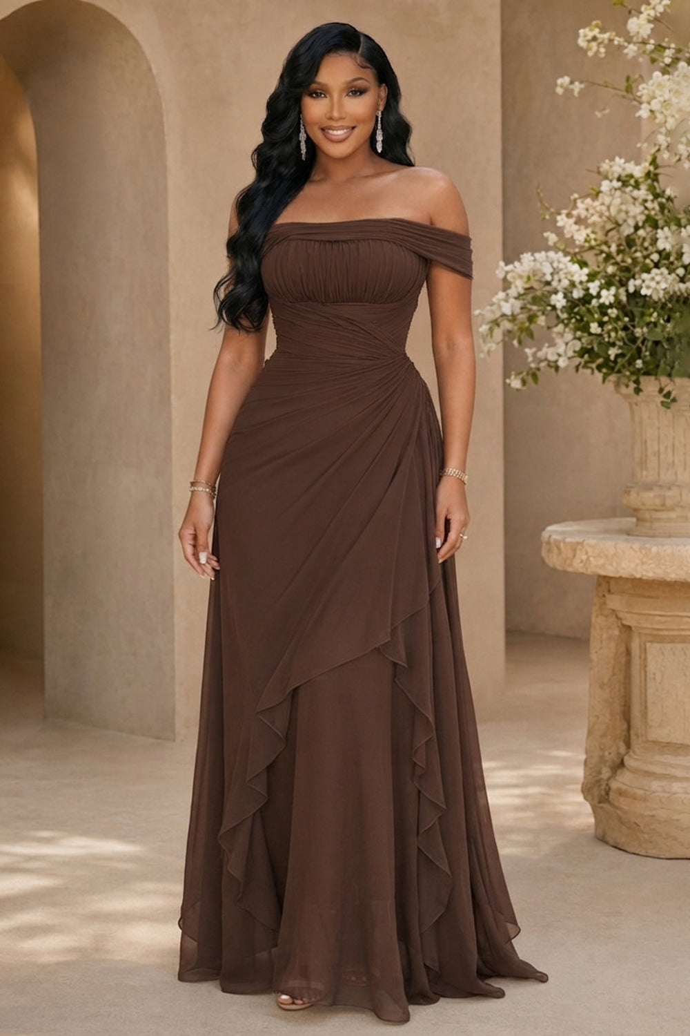 Off Shoulder Cinch Waist Ruffle Hem Wedding Maxi Dresses-Brown [Pre Order]