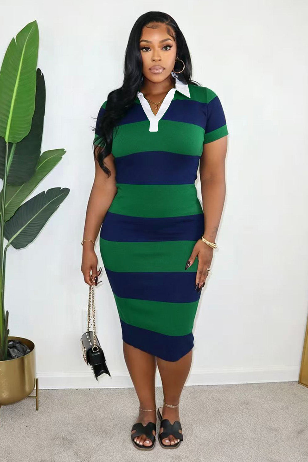 Contrast Stripe Polo Neck Short Sleeve Slim Bodycon Casual Midi Dresses-Black