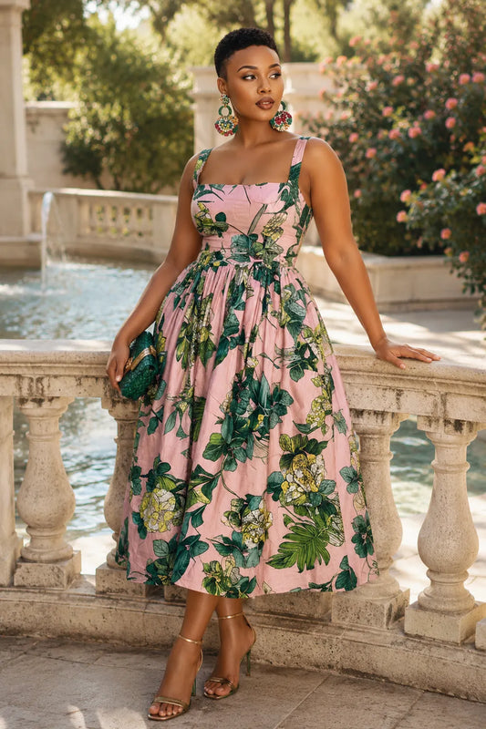 Vacation Sundress Pink Floral Square Neck Pocket Satin Midi Dresses