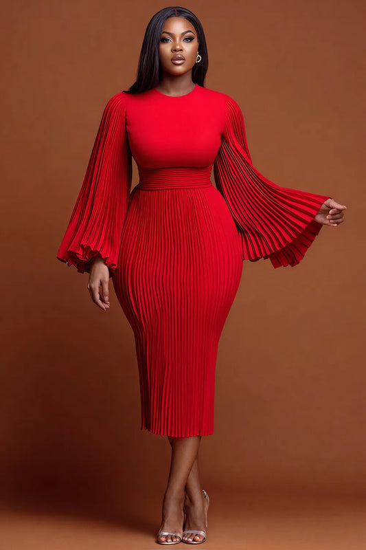 Christmas Red Round Neck Flare Long Sleeve Bodycon Elegant Pleated Knitted Midi Dresses