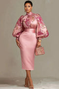 Wedding Guest Pink Floral Stand-Up Collar Lantern Sleeve Long Sleeve Bodycon Satin Midi Dresses