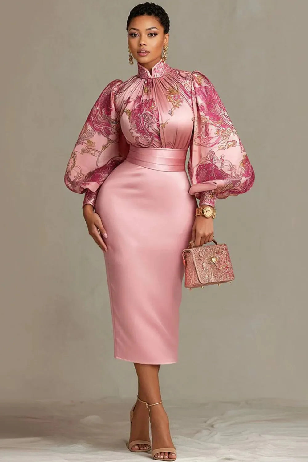 Wedding Guest Pink Floral Stand-Up Collar Lantern Sleeve Long Sleeve Bodycon Satin Midi Dresses