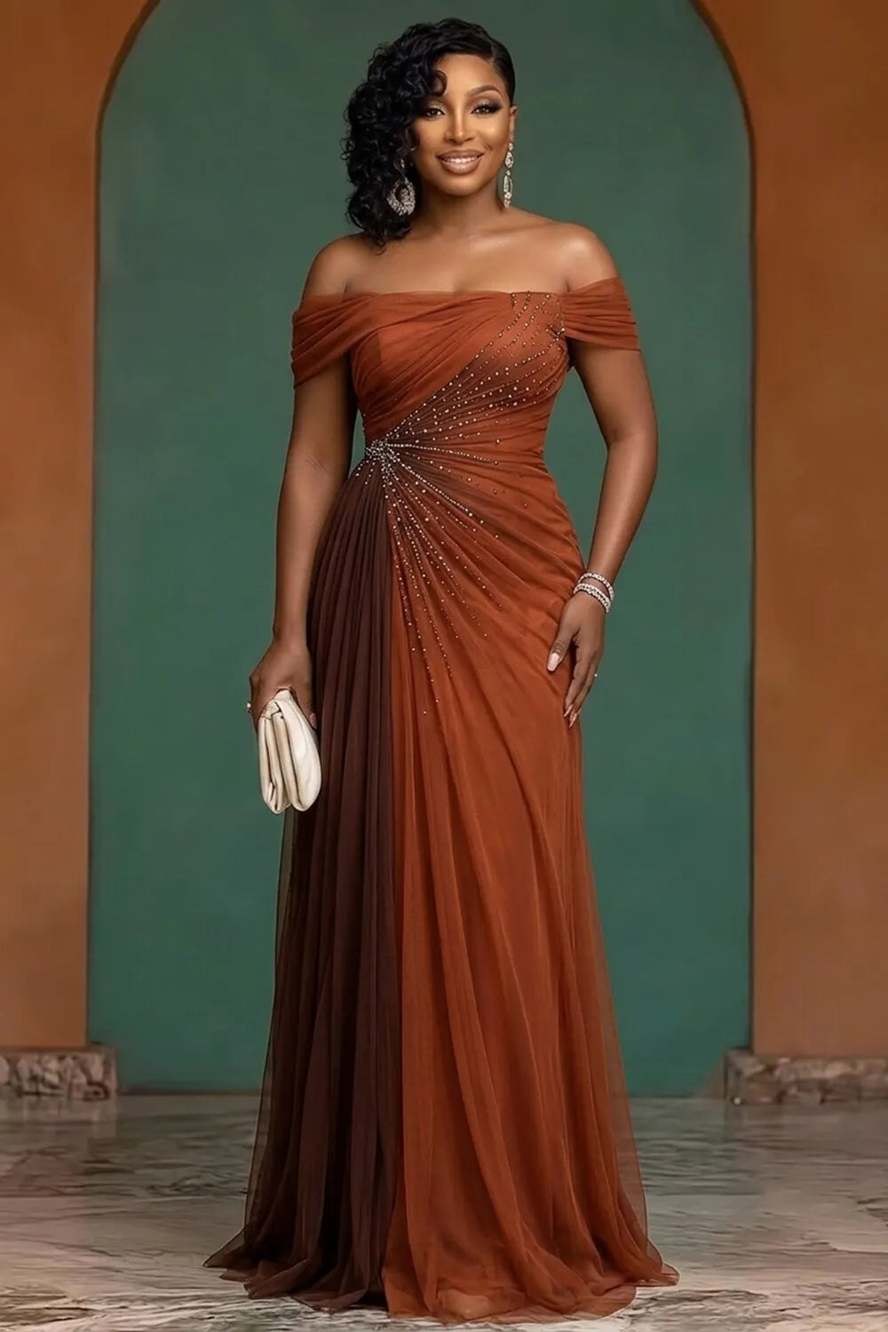 Off Shoulder Glitter Colorblock Evening Gowns Maxi Dresses-Brown [Pre Order]