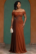 Off Shoulder Glitter Colorblock Evening Gowns Maxi Dresses-Brown [Pre Order]