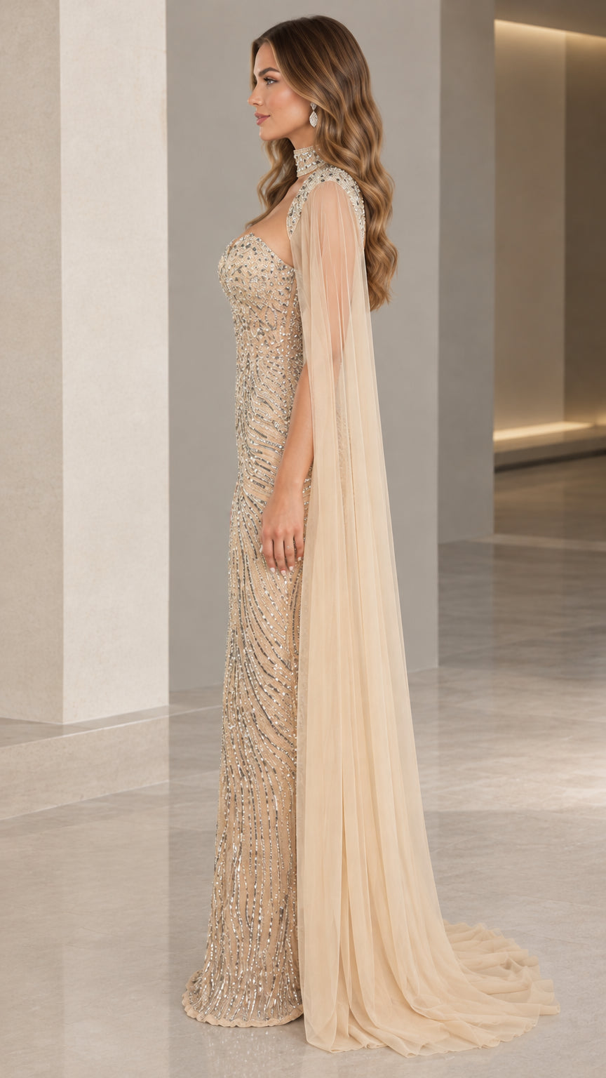 Sequined Sweetheart Evening Gown with Sheer Floor-Length Cape