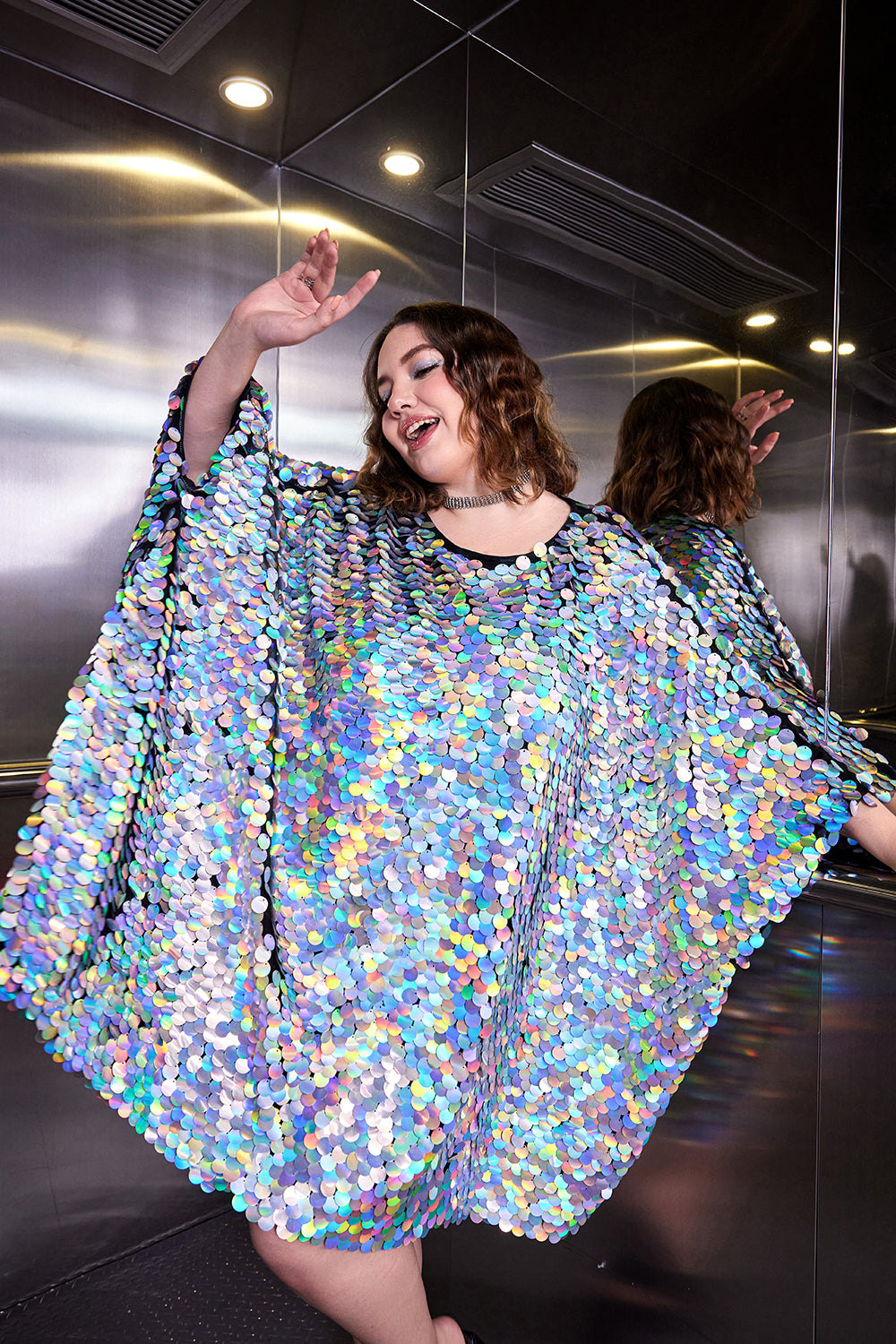 Party Dress Silver Reflective Sequin Batwing Sleeves Mini Dress