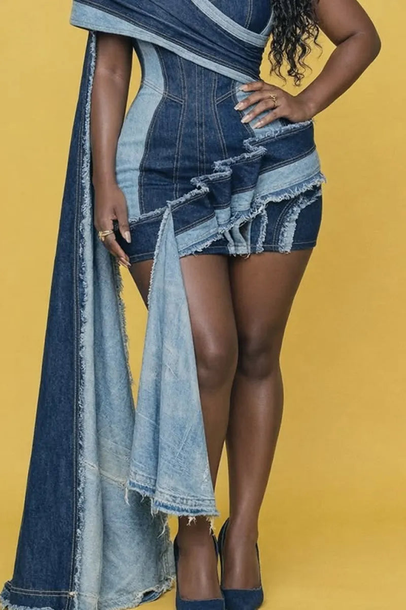 Women Color Block Denim Off The Shoulder Wrap Dress Raw Edge Tier Ruffle Trailing Hem Bodycon Dress