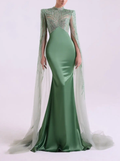 Emerald Green Satin Maxi Dress with Beaded Cape & Train