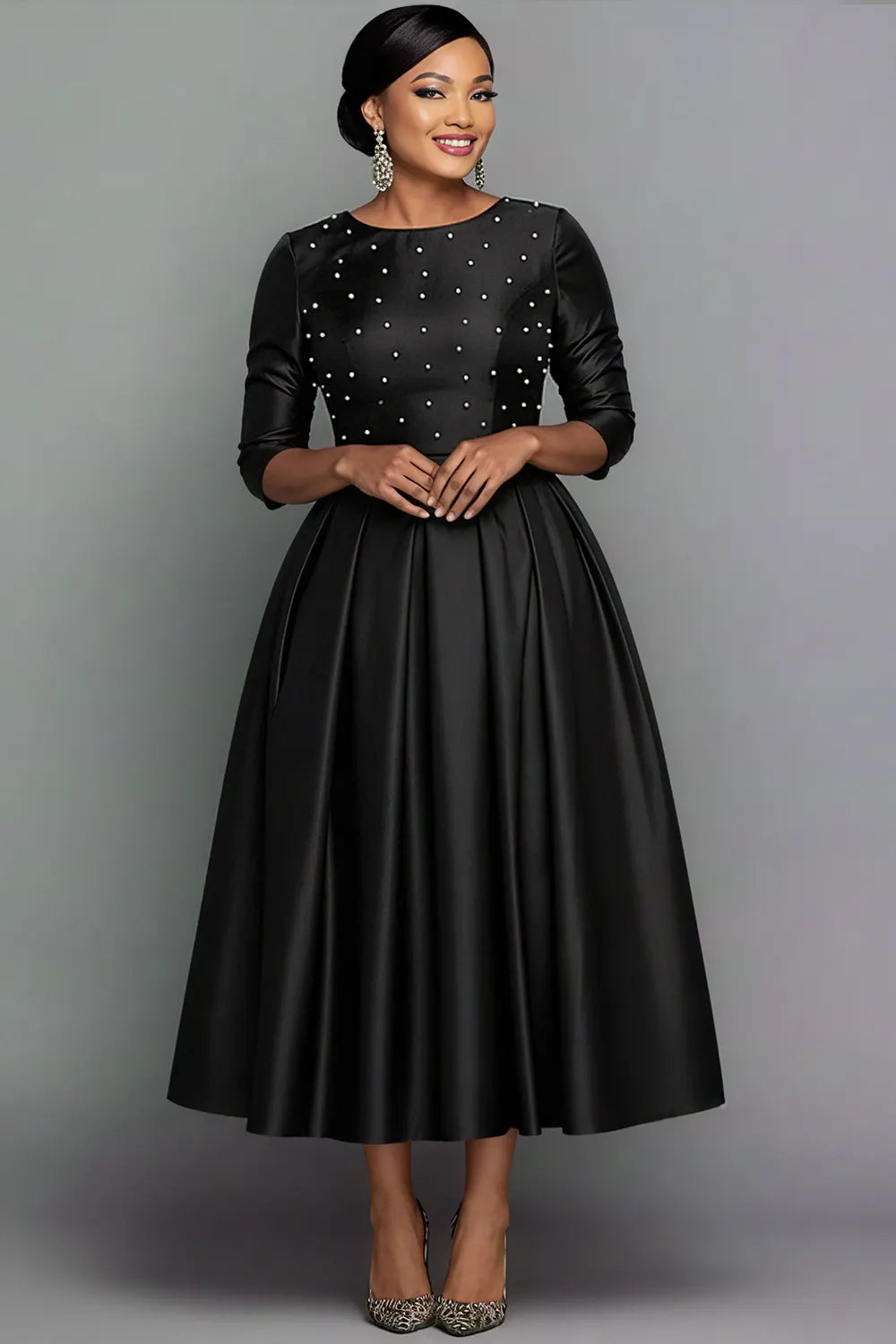 Black Round Neck Long Sleeve Pearls Elegant Pocket Satin Midi Dresses
