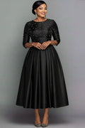 Black Round Neck Long Sleeve Pearls Elegant Pocket Satin Midi Dresses