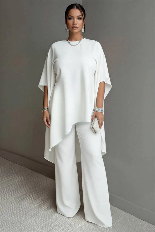 Vacation White Round Neck Flare Half Sleeve Asymmetric Hem Pocket Two Piece Pant Sets