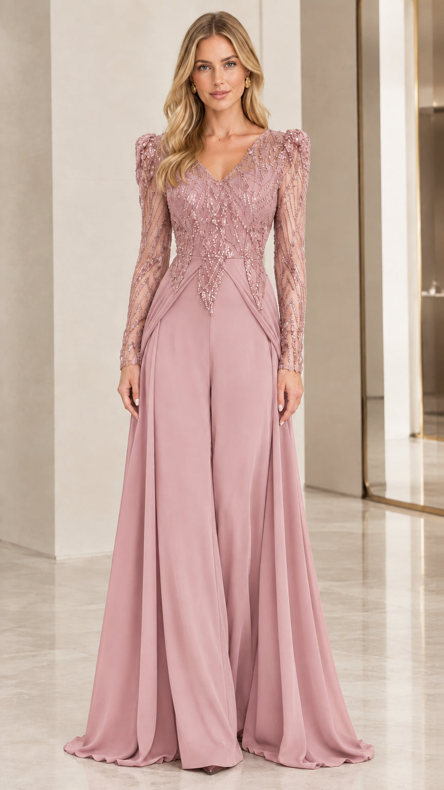 Sequin Beaded Long Sleeve V-Neck Wide-Leg Formal Evening Jumpsuit