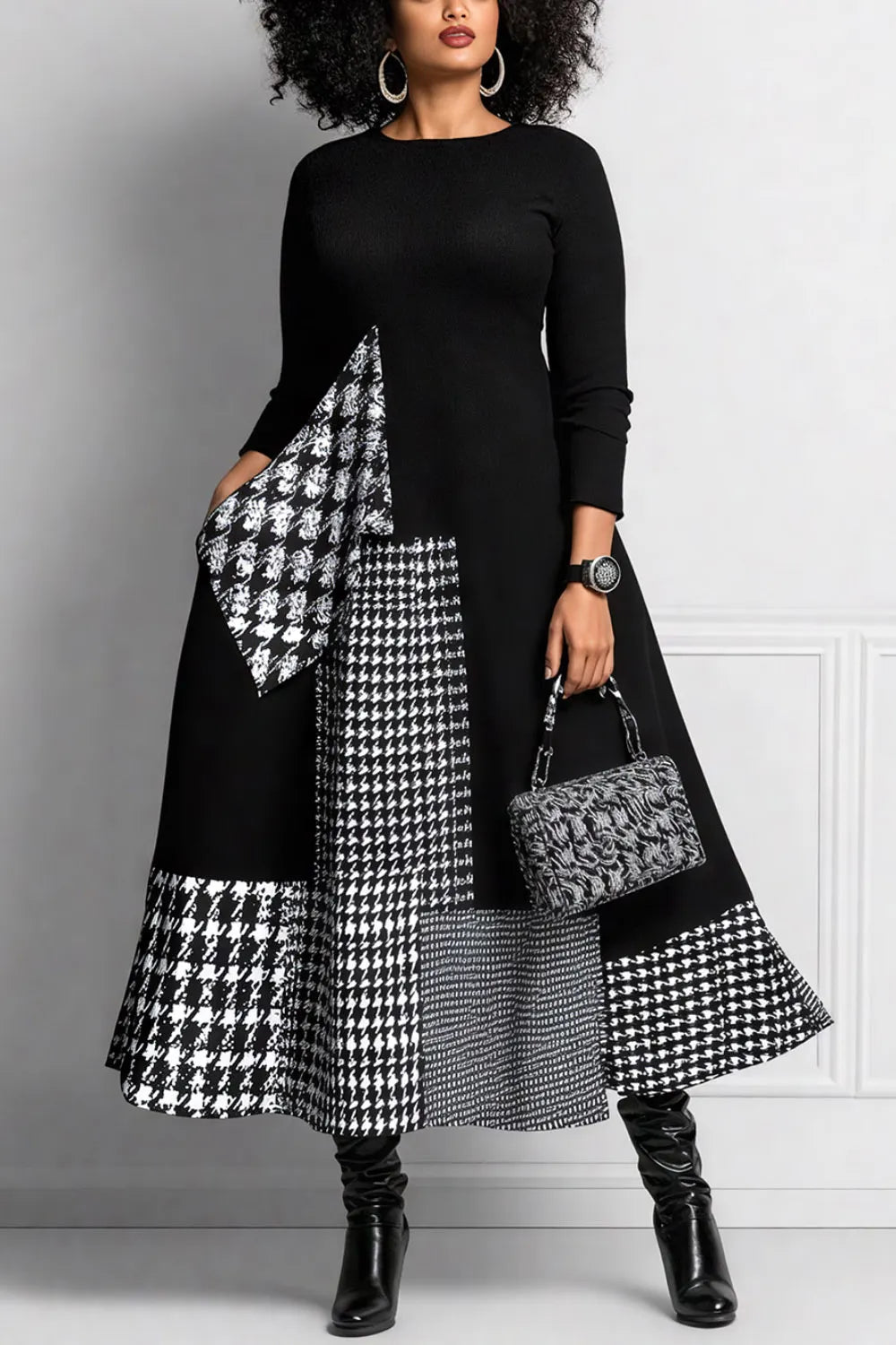 Daily Black Houndstooth Round Neck Long Sleeve Pocket Elegant Maxi Dresses