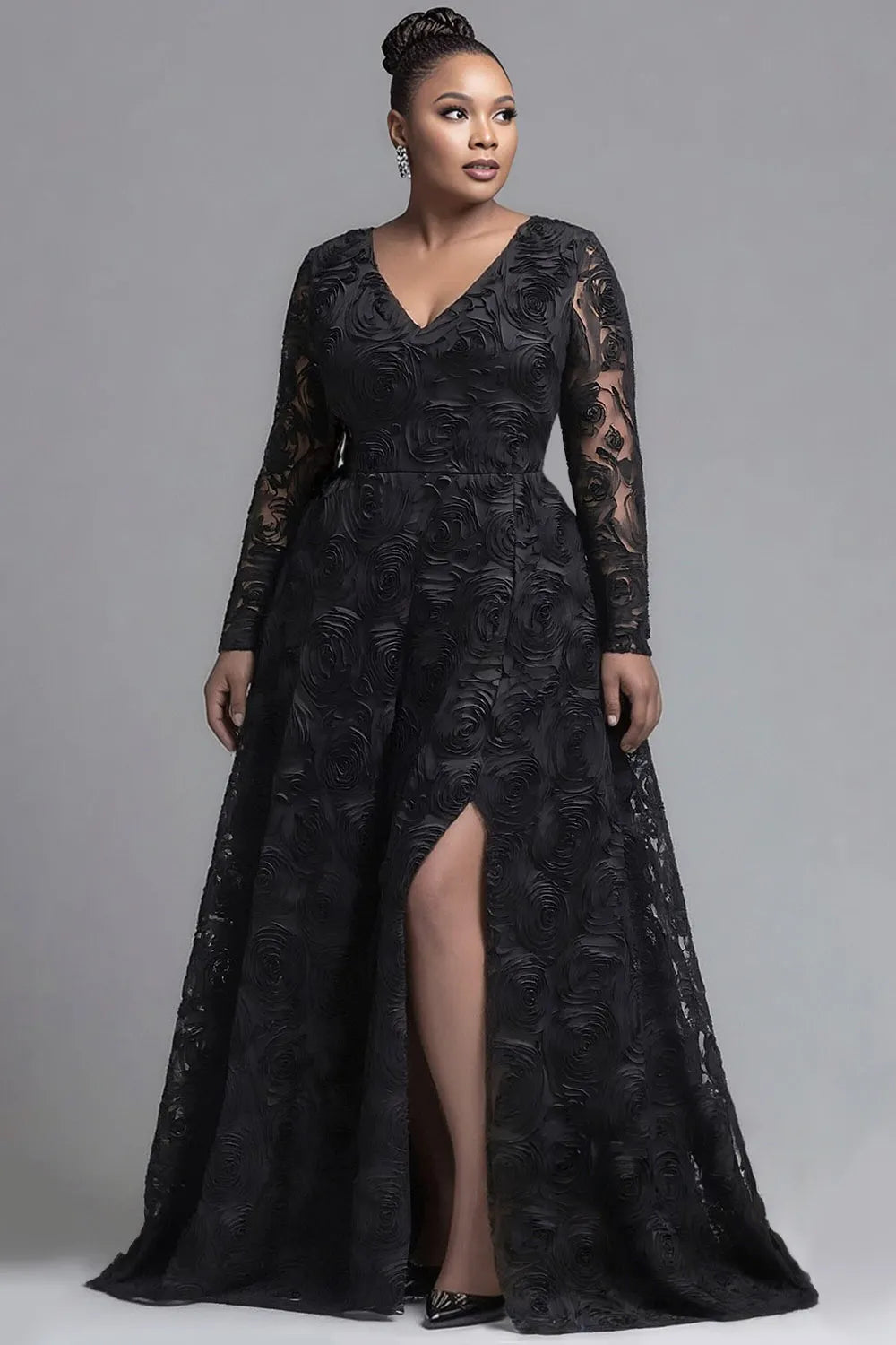 Black V Neck Long Sleeve 3D Elegant Split Tulle Maxi Dresses