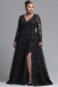 Black V Neck Long Sleeve 3D Elegant Split Tulle Maxi Dresses