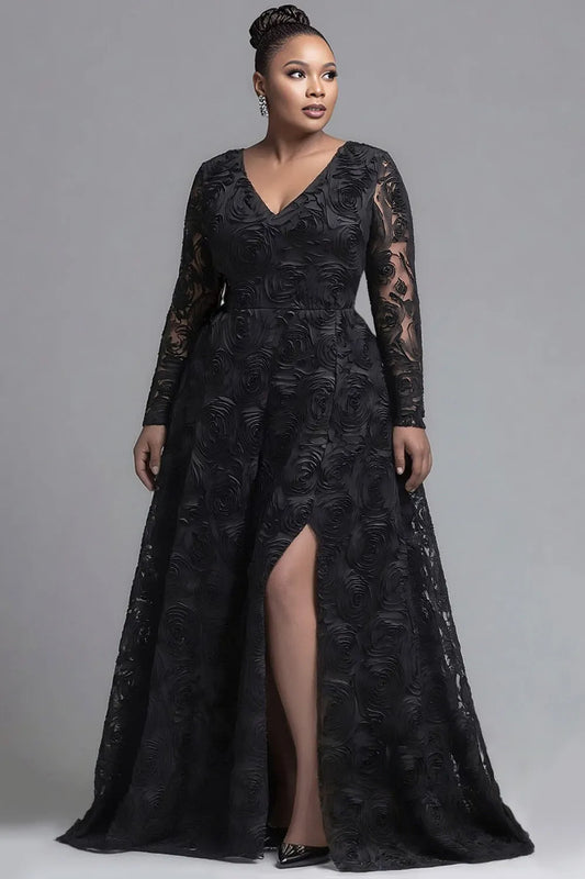 Black V Neck Long Sleeve 3D Elegant Split Tulle Maxi Dresses